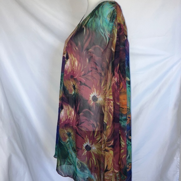 J VALDI Multicolor Floral Print Sheer Poncho Caftan Blouse - Picture 3 of 5